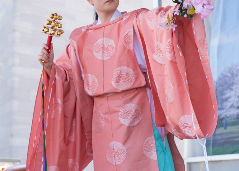 2018 Sakura Matsuri - Reverend Kuniko Kanawa leads students carrying a shrine in front of the U.S. Capitol Building.